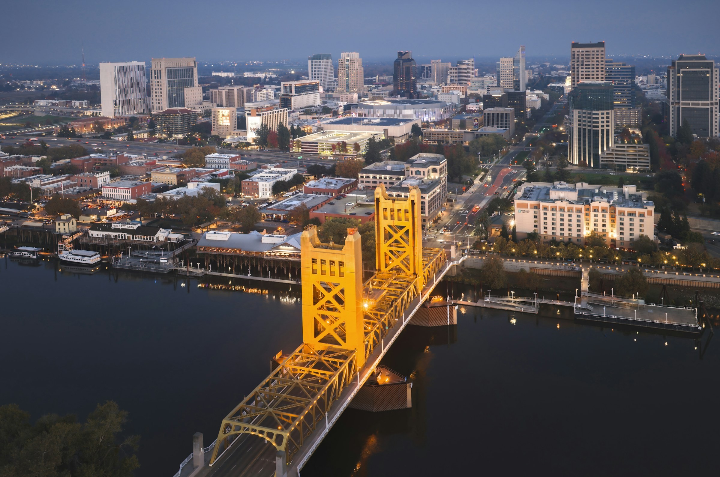 Sacramento Tower Bridge and cityscape at dusk; stock photograph